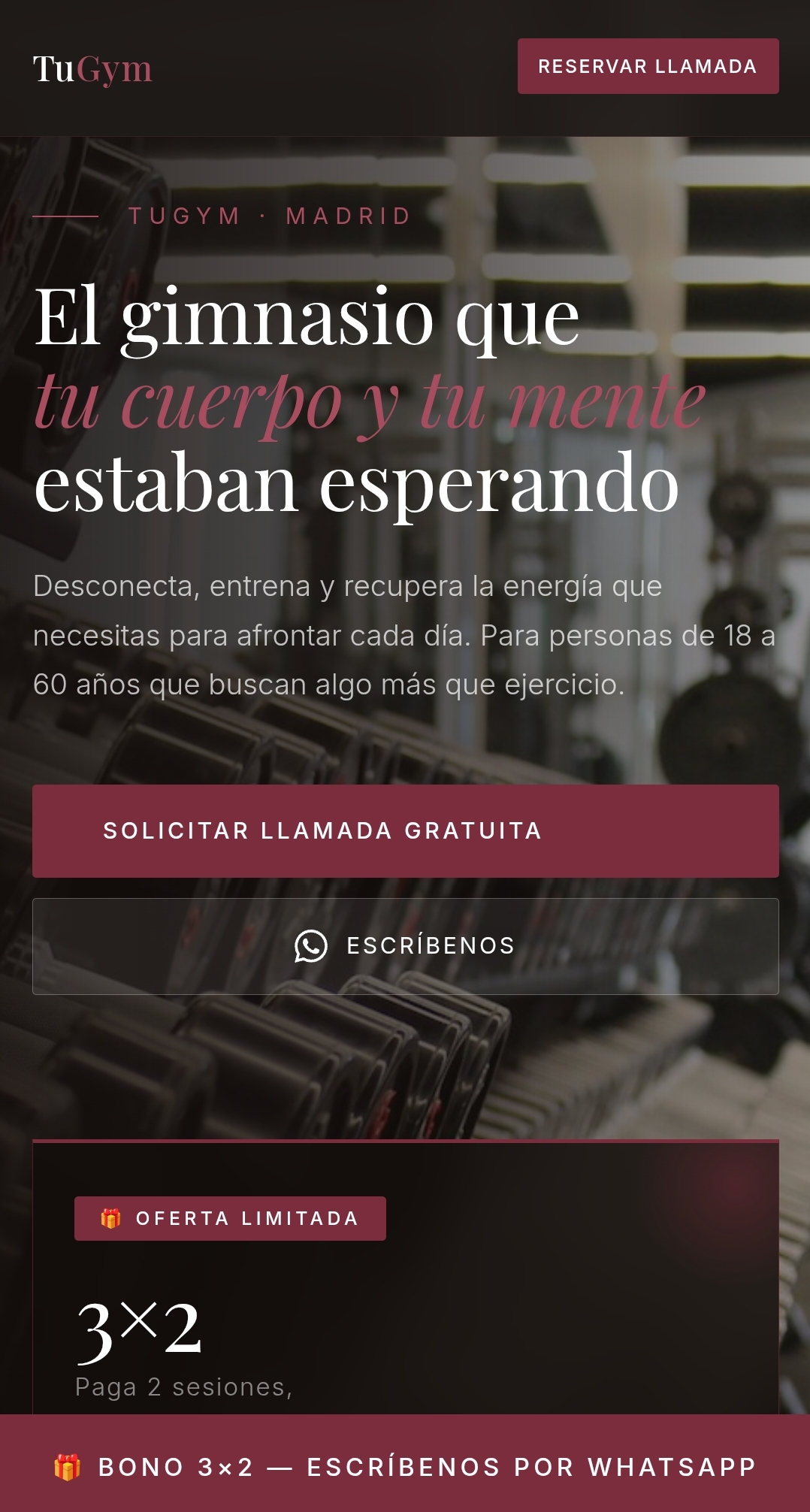 Diseño web para gimnasio — versión móvil